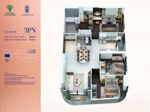 layout mặt bằng thiết kế căn 3PN - The Opus One - Vinhomes Grand Park
